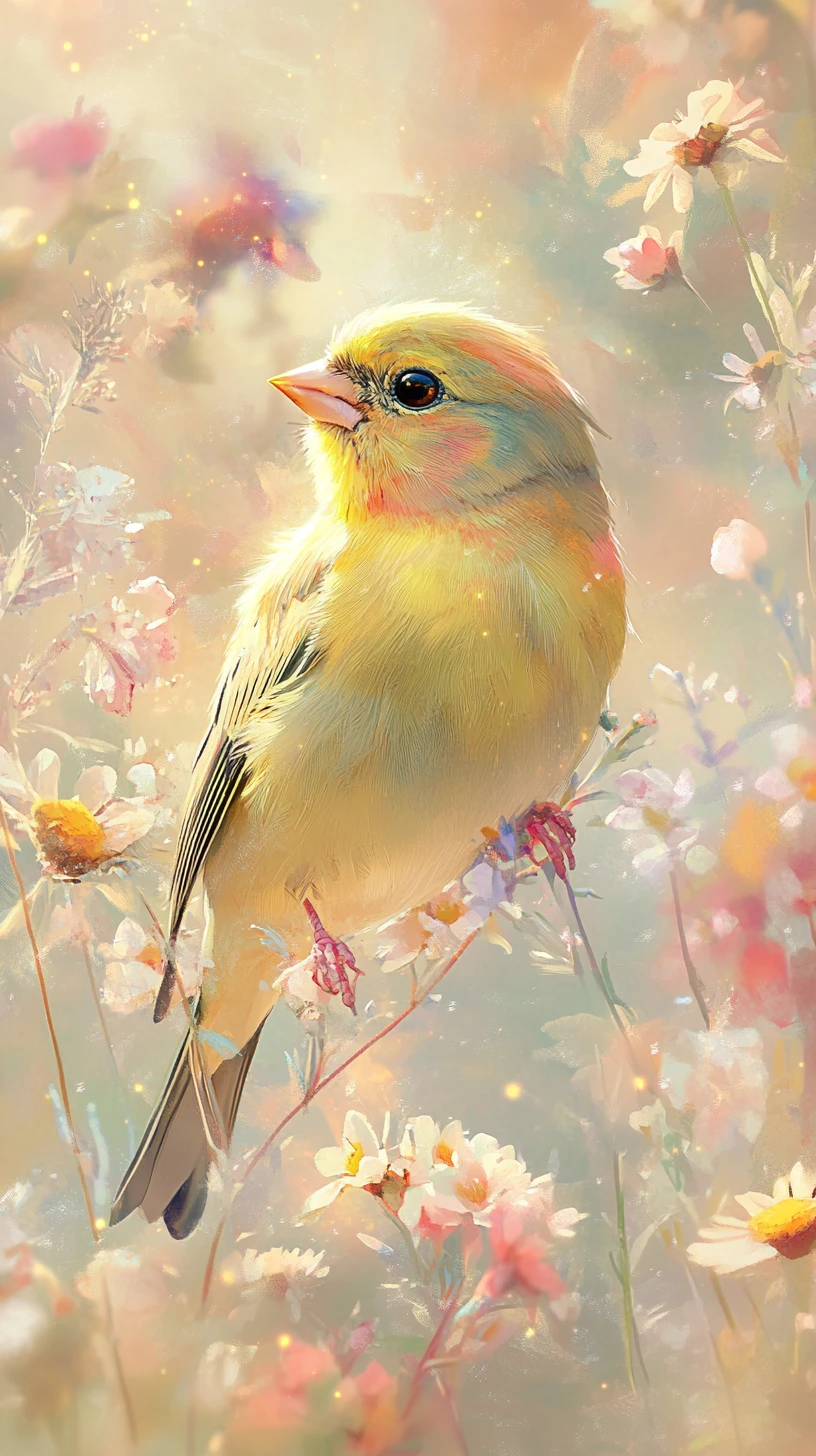 Ilustración de pajarito amarillo entre flores silvestres en tonos pastel de ensueño
