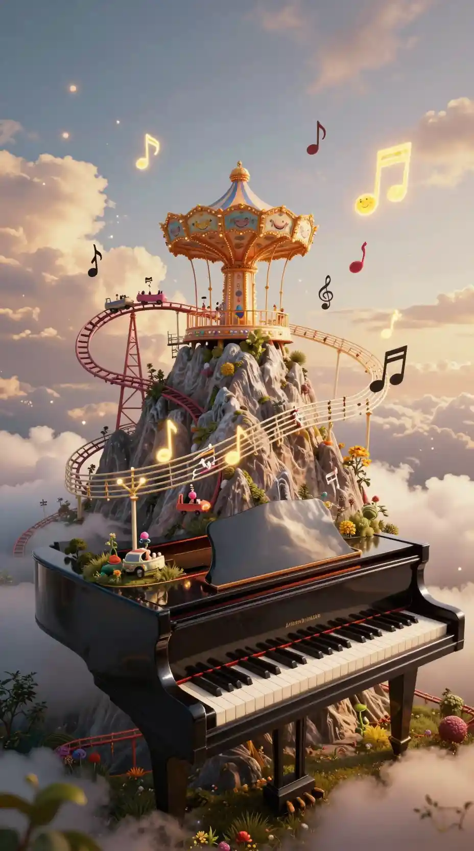 Surreal Piano Mountain With Fantasy Amusement Park