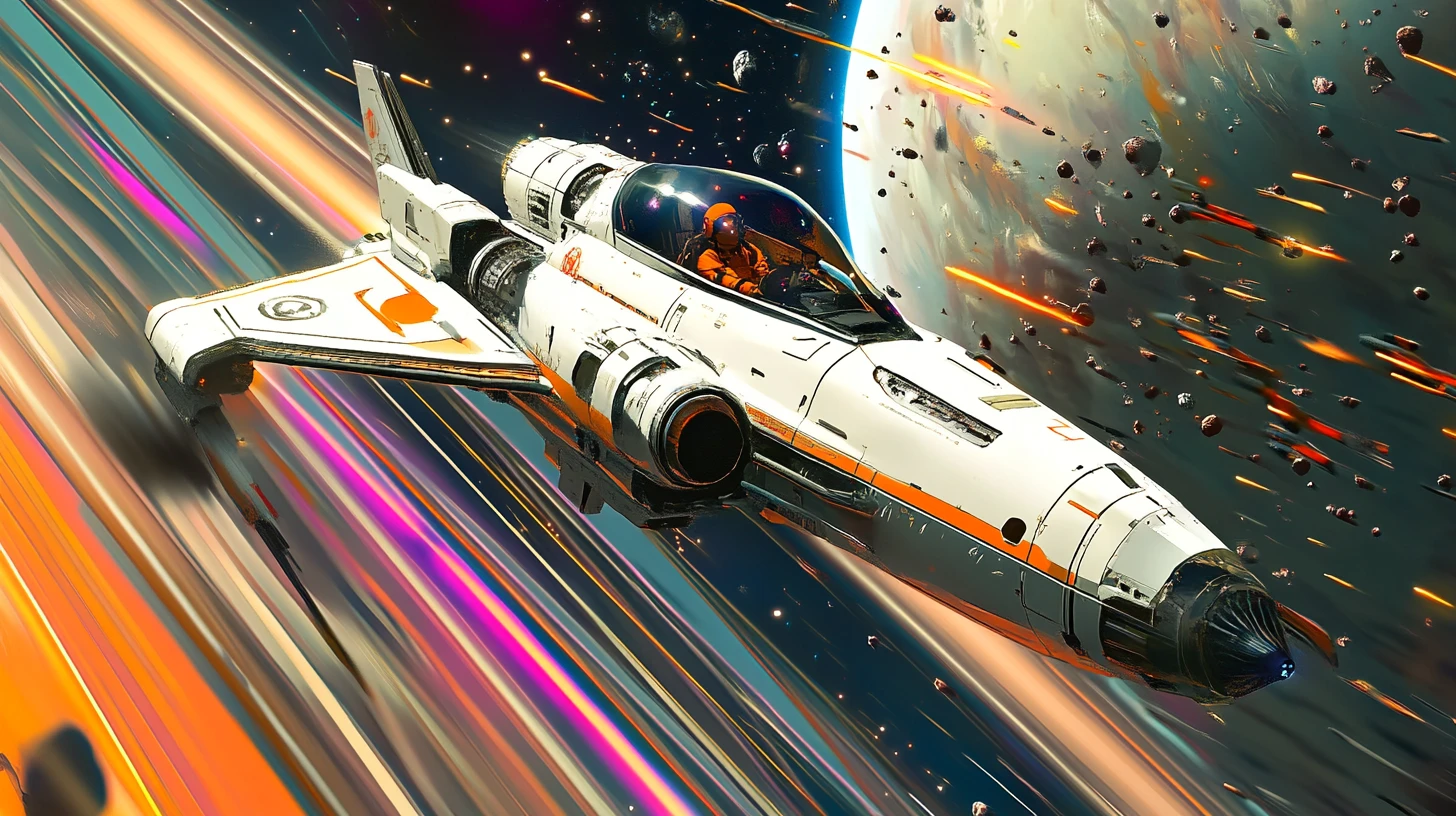 Chasseur spatial blanc attaquant un dreadnought alien en orbite