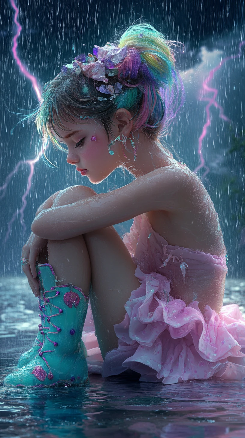 Pensive girl curled up in the rain under storm clouds