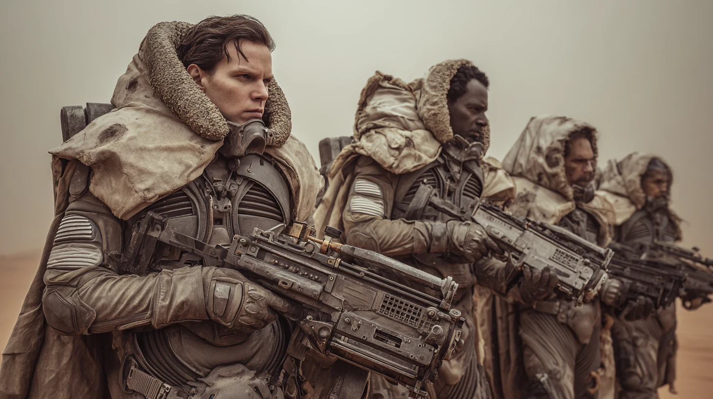 Marine soldiers aiming smartgun on sci fi battlefield