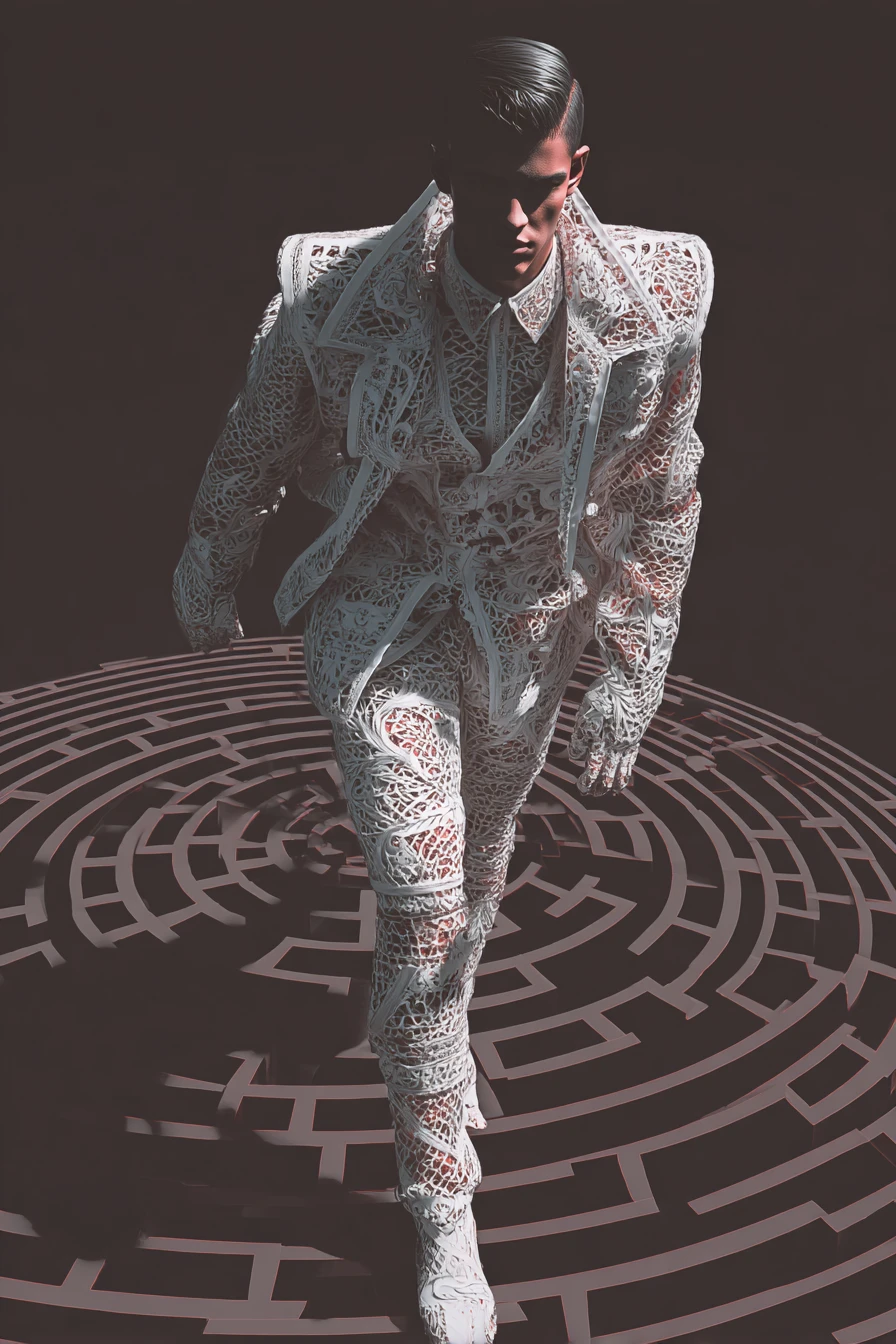 초현실적인 3D 미로 런웨이의 인도 패션 모델