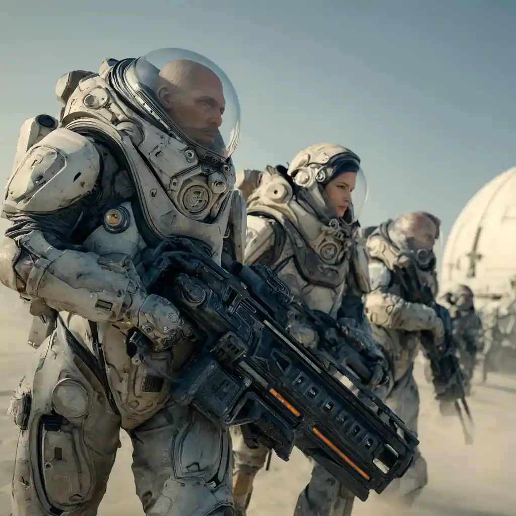 Armored sci fi soldiers aiming heavy smartgun in battle