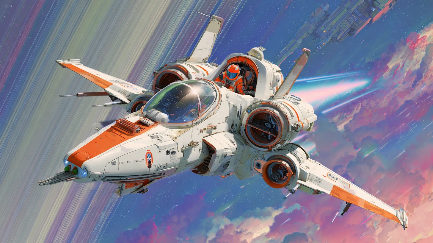 White space fighter attacking an alien dreadnought in orbit