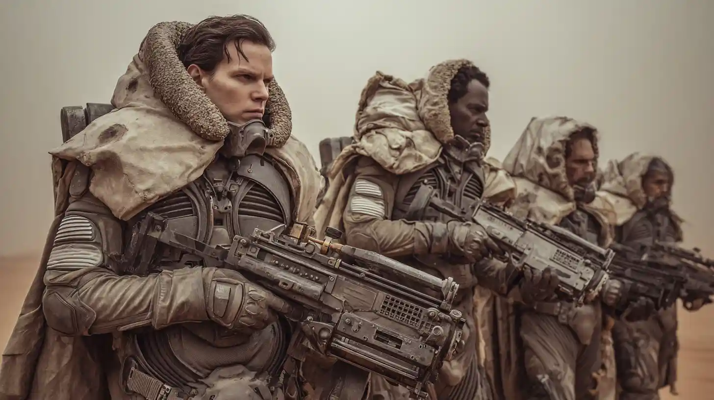 Marine soldiers aiming smartgun on sci fi battlefield