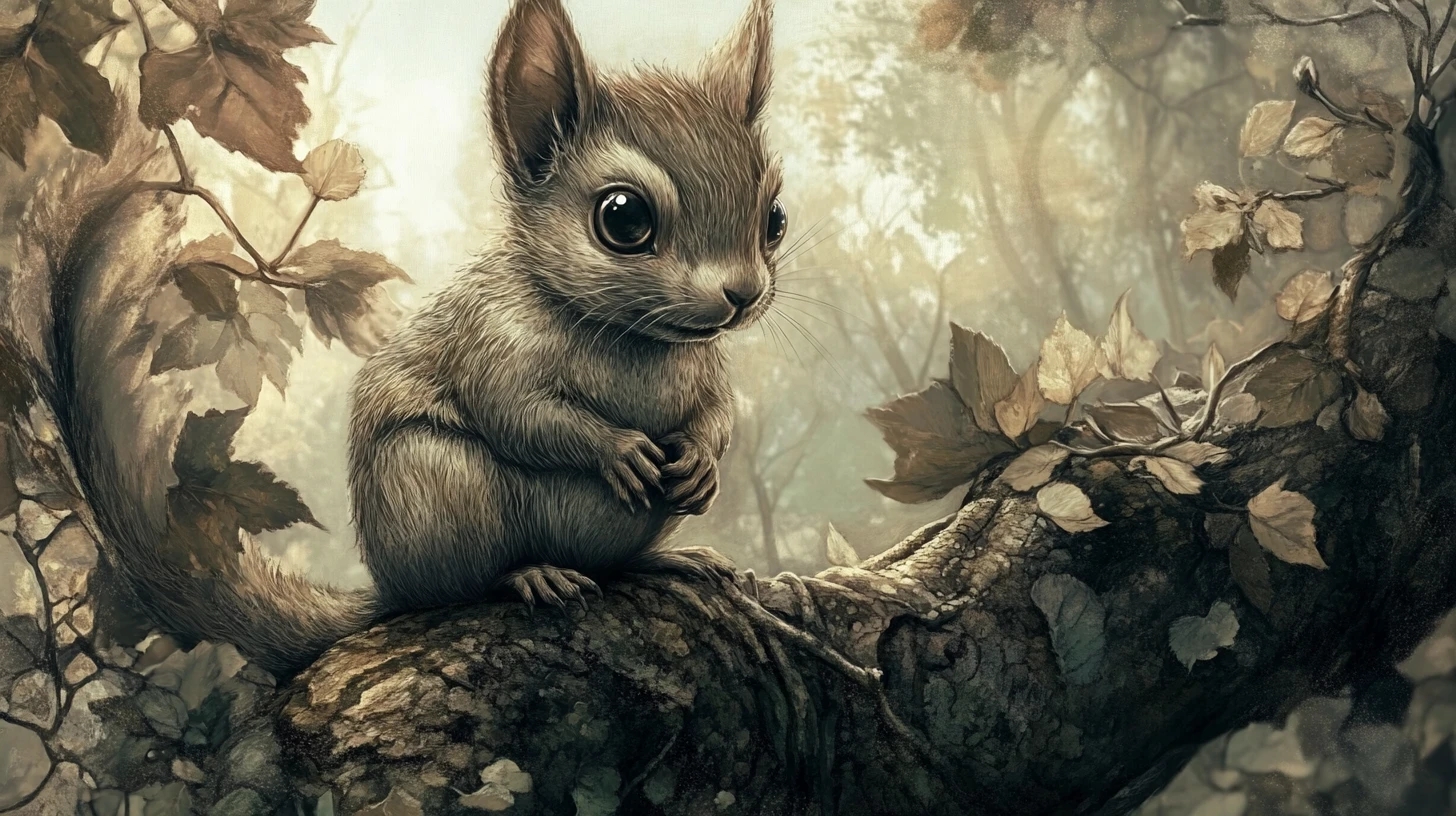 Ilustración gótica de ardilla sobre lienzo grunge en el bosque