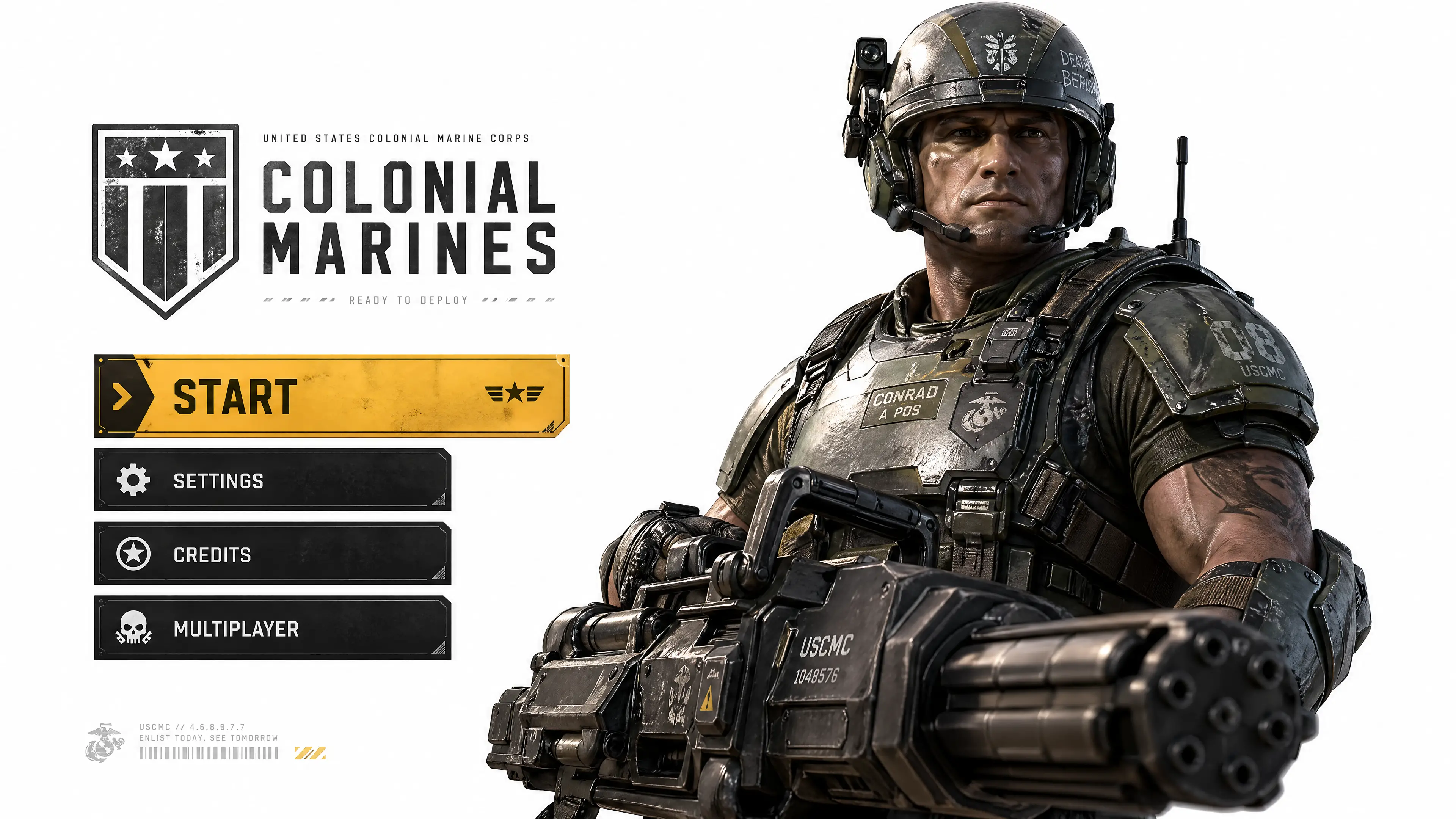 3D colonial marine game character with smartgun on white background