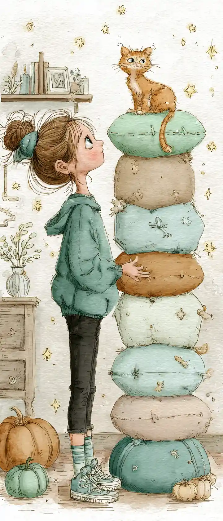 Little Girl Balancing Pastel Pillows With Curious Cat