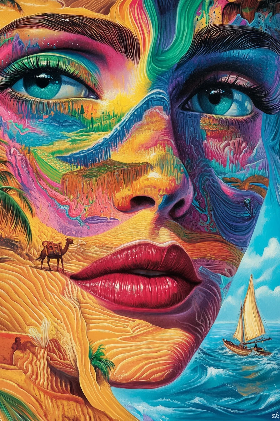 Retrato surreal en primer plano de una mujer como paisajes vivos