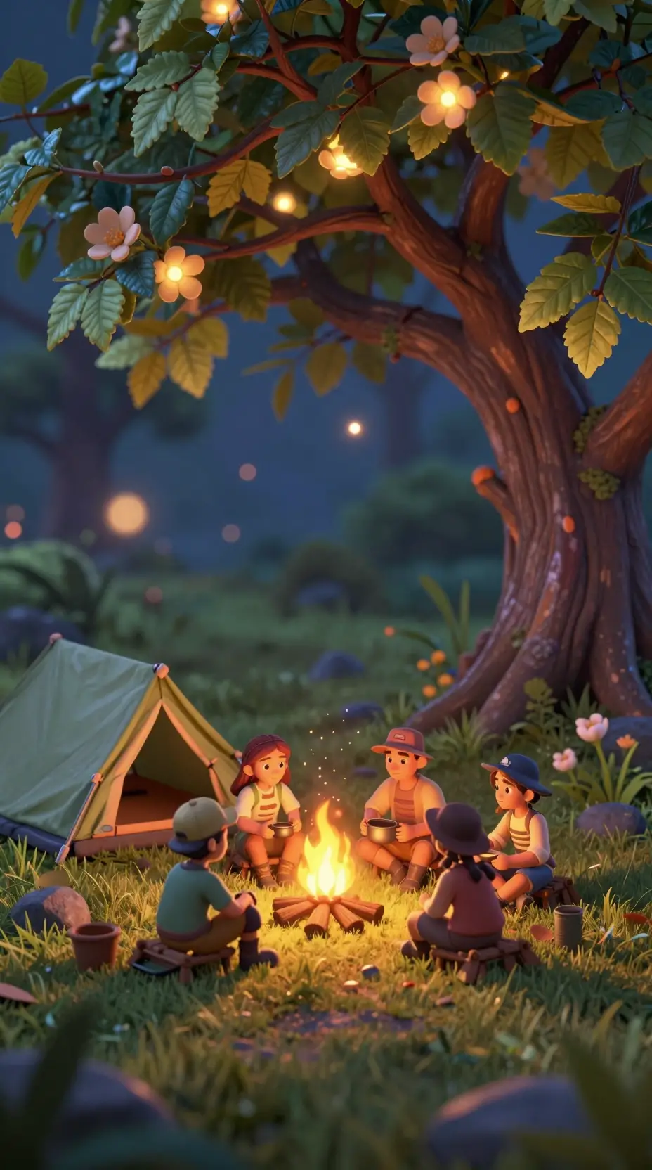 Campers Cooking Around A Fire In A Forest Meadow