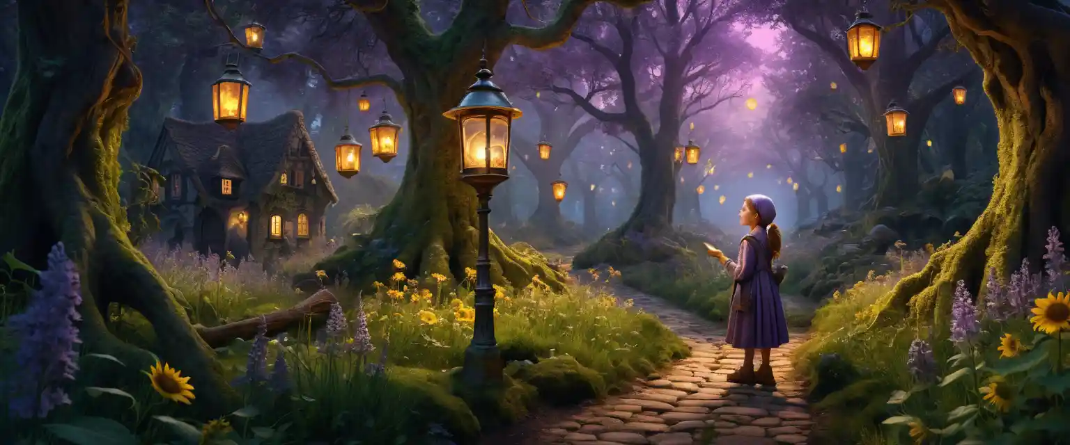 Enchanted Forest Village With Curious Girl At Golden Hour