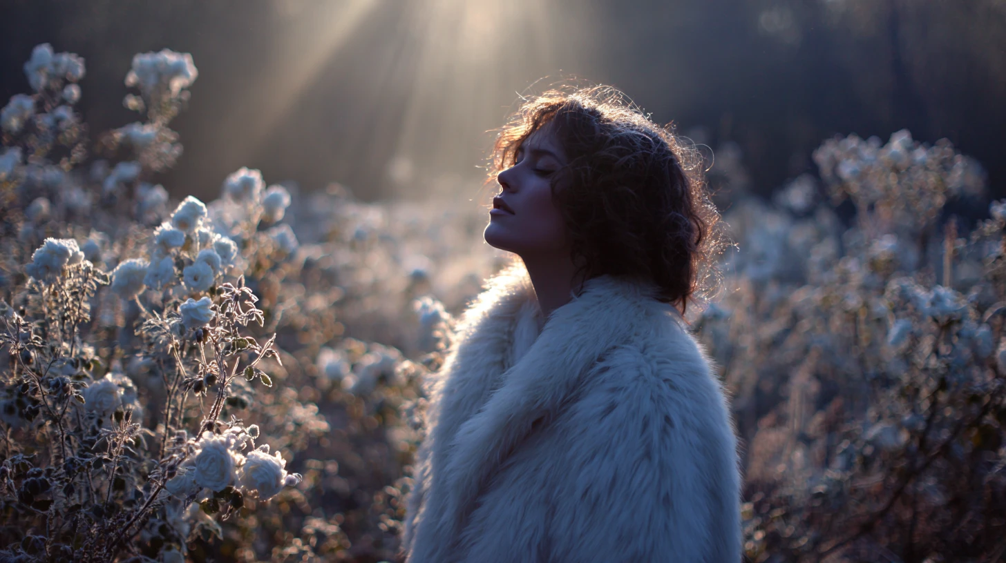 Young woman in winter garden of frosted white roses