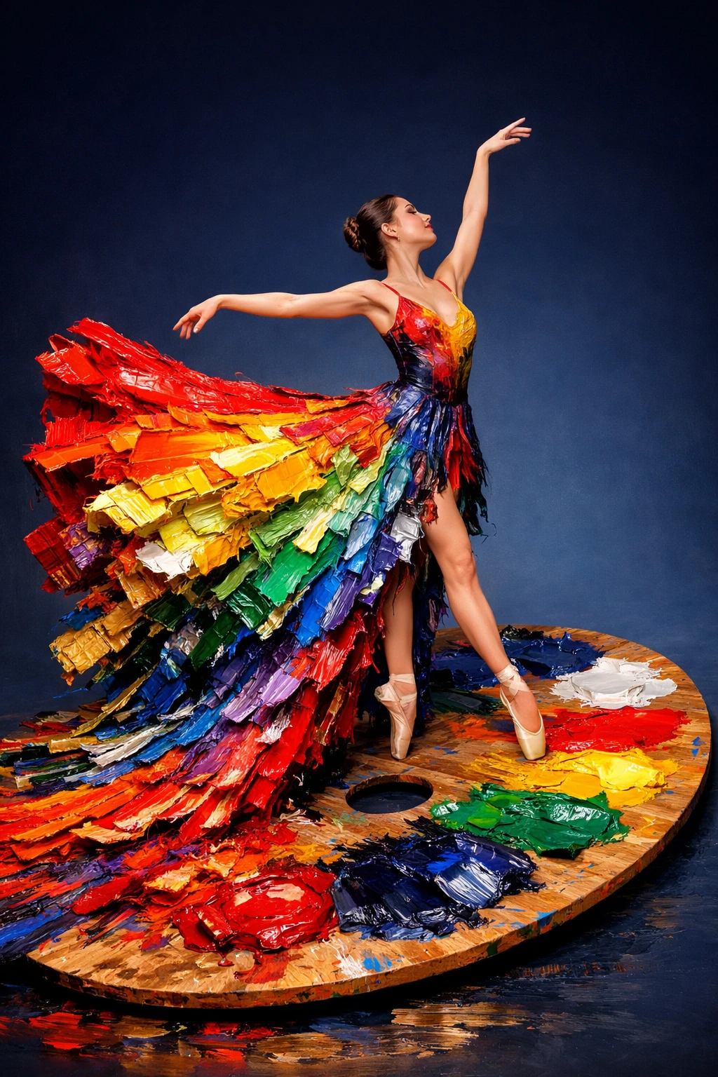 Ballerina On Giant Paint Palette In Flowing Colorful Dress