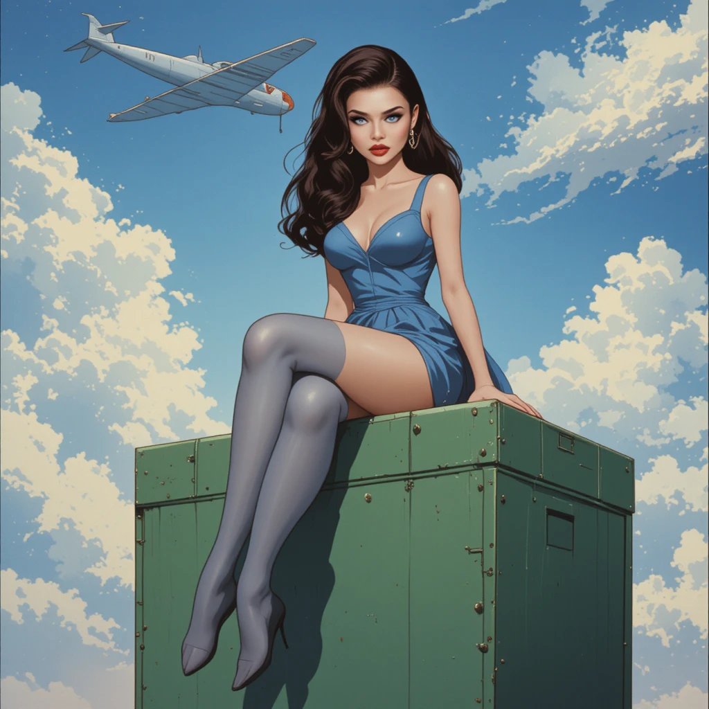 Retro pin up woman on green box with aircraft backdrop