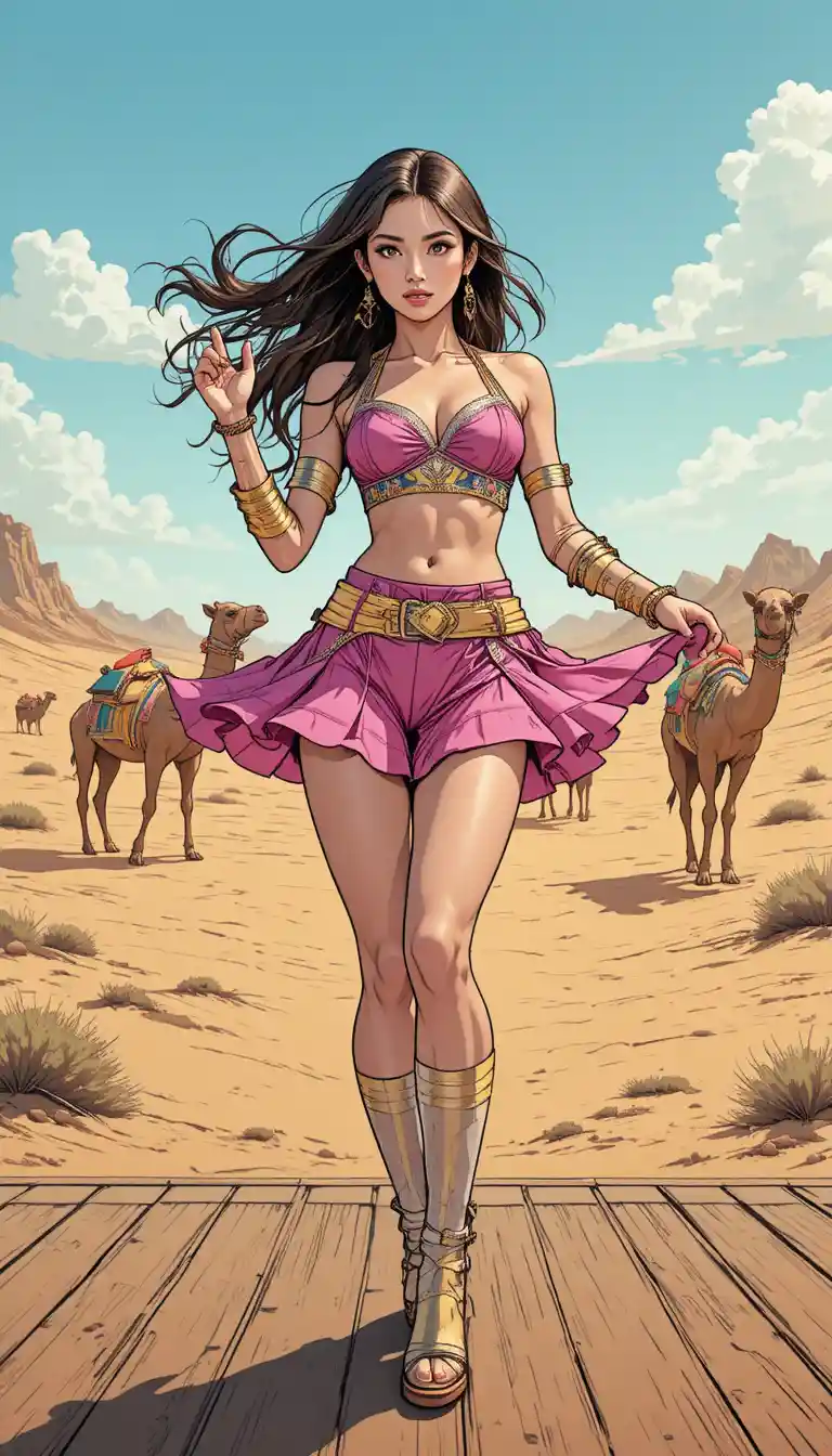 K pop girl dancing on a wooden platform in the desert