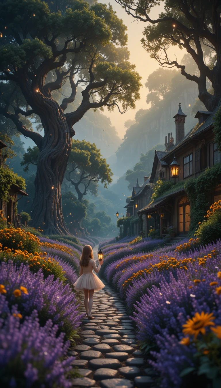 Enchanted Forest With Medieval Village In Warm Golden Light