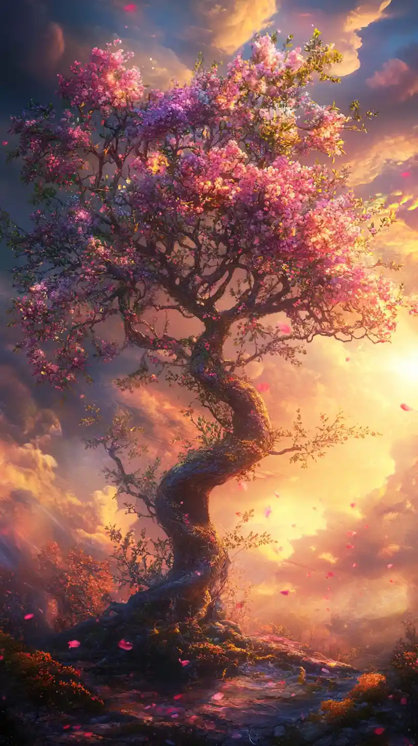 Withered tree bursting into colorful spring bloom