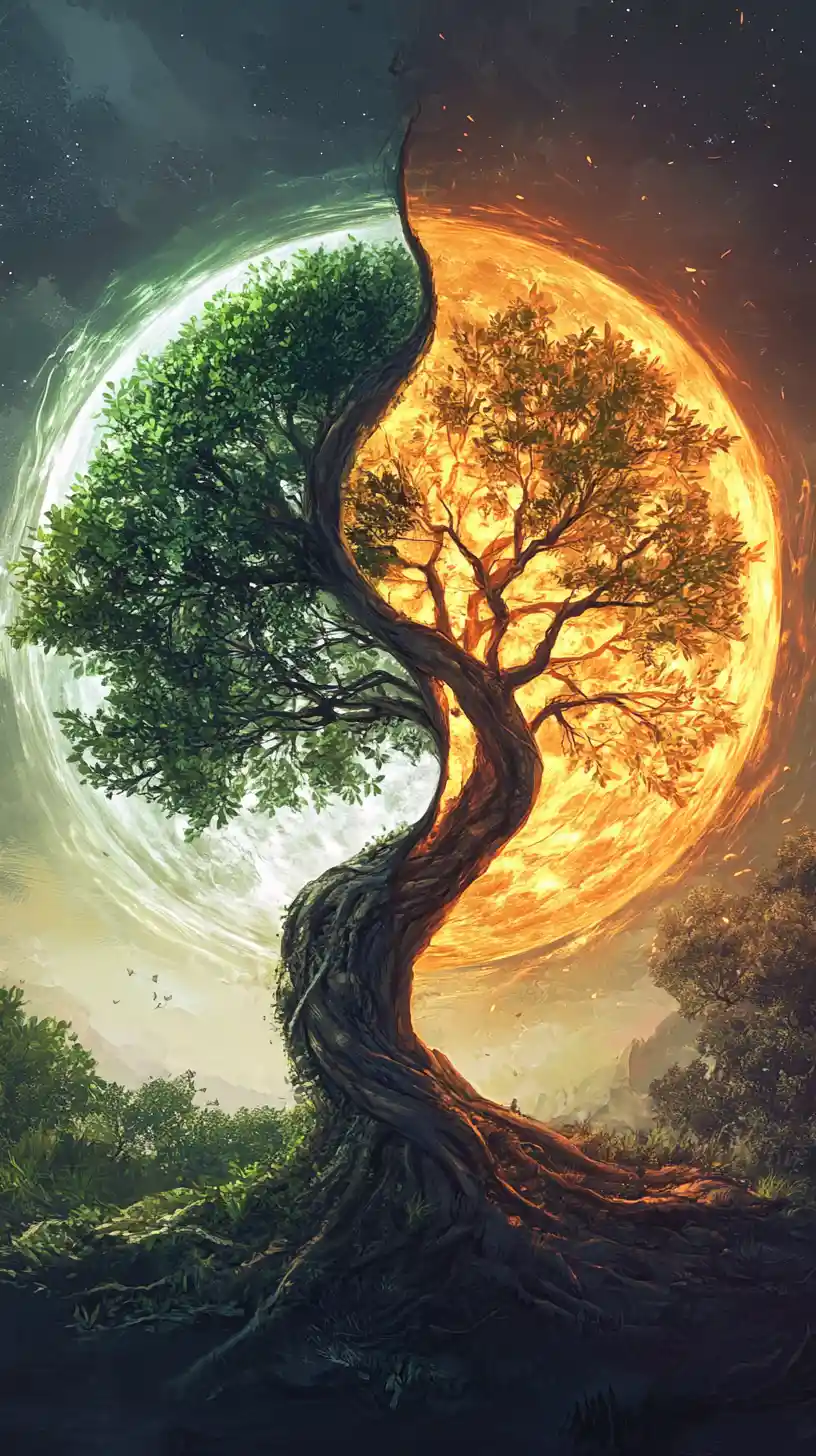 Yin yang symbol with glowing and natural trees in balance