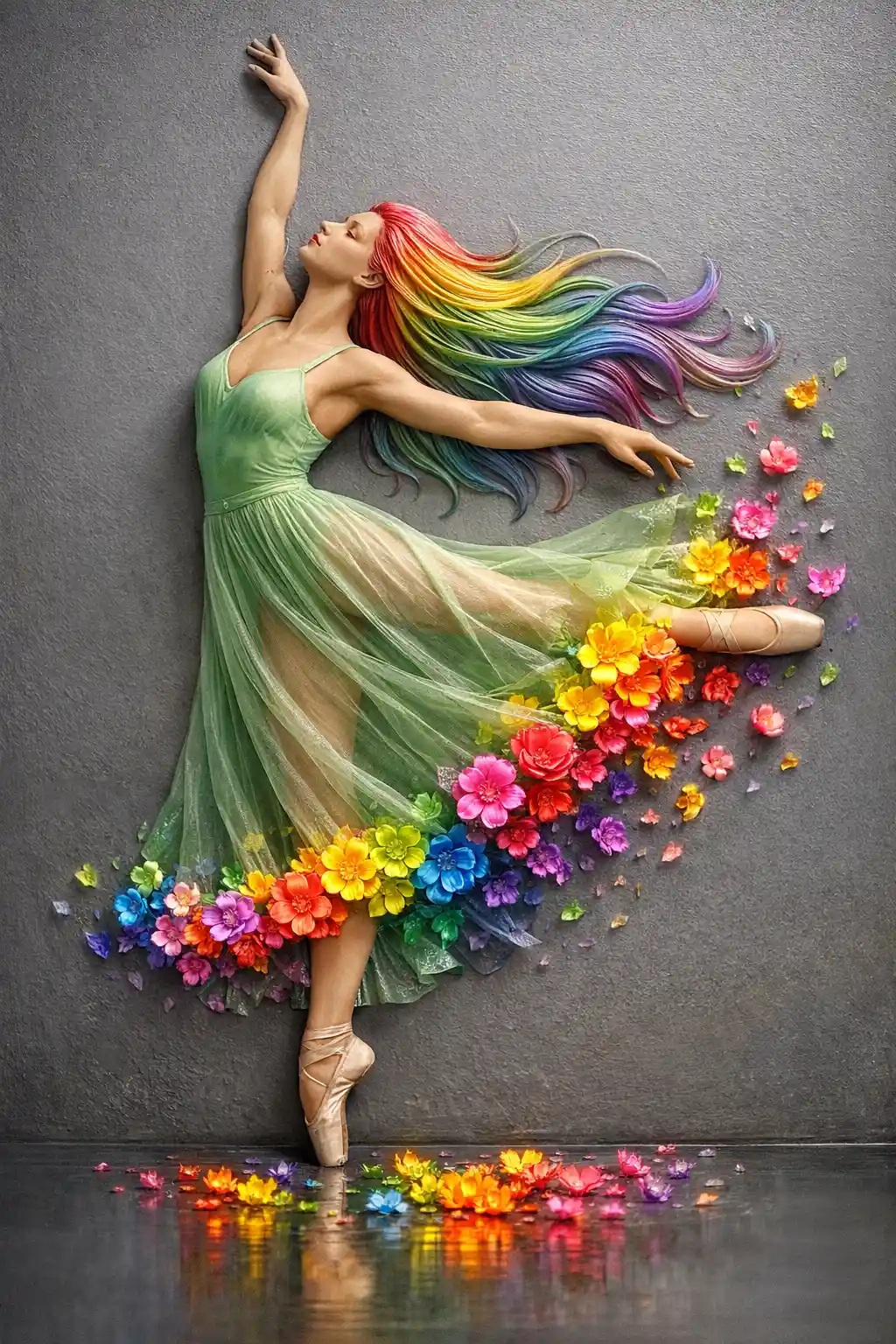 Scultura surreale di ballerina in abito verde fluente con fiori