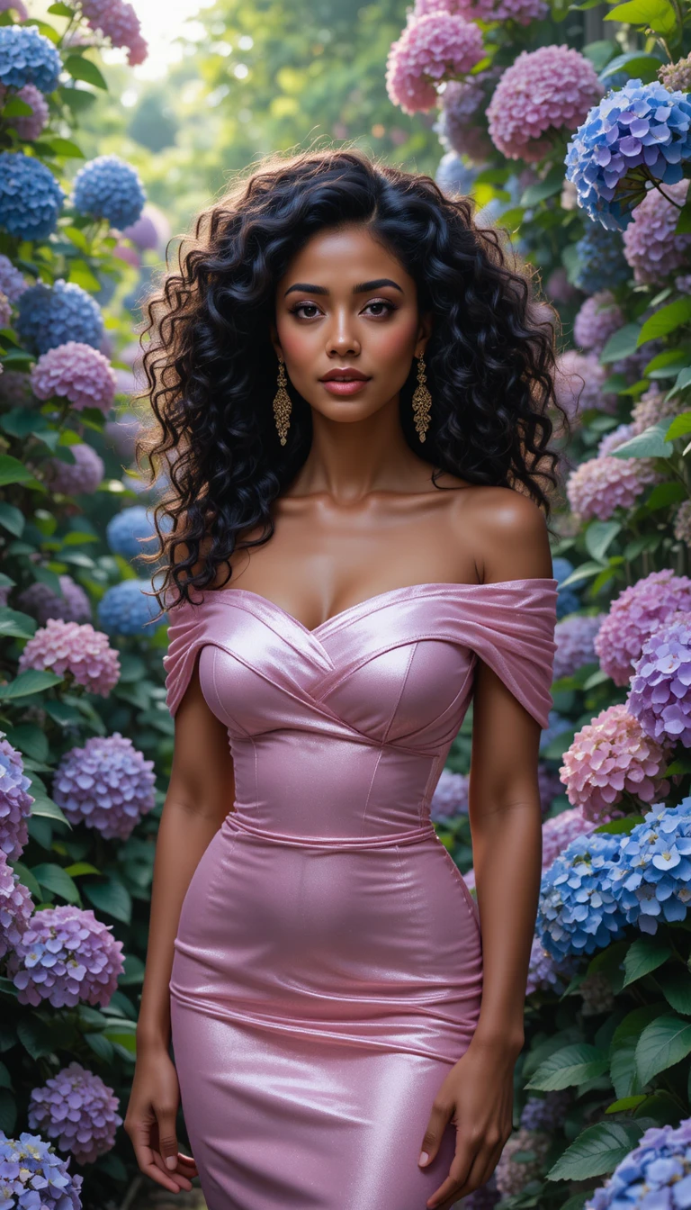 Elegant woman in pink dress among blooming hydrangeas