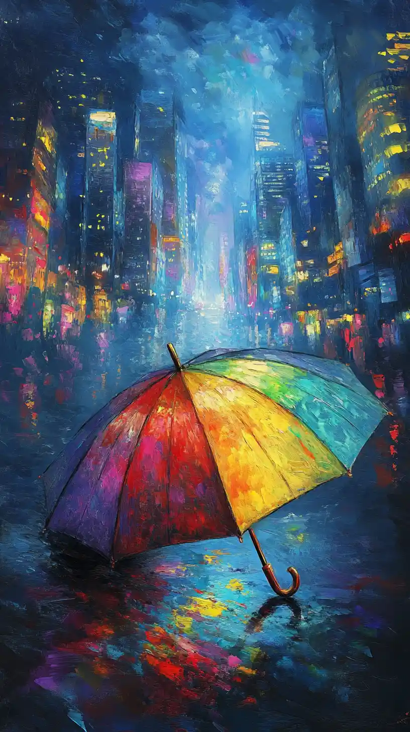 Umbrella Reflecting A Rainbow City Skyline At Golden Hour