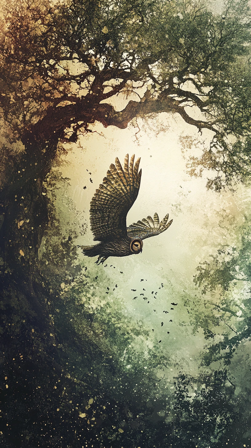 Ethereal owl in double exposure with rainy tree branch