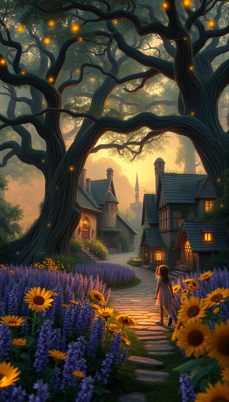 Enchanted Forest Village With Fairies And Glowing Fireflies