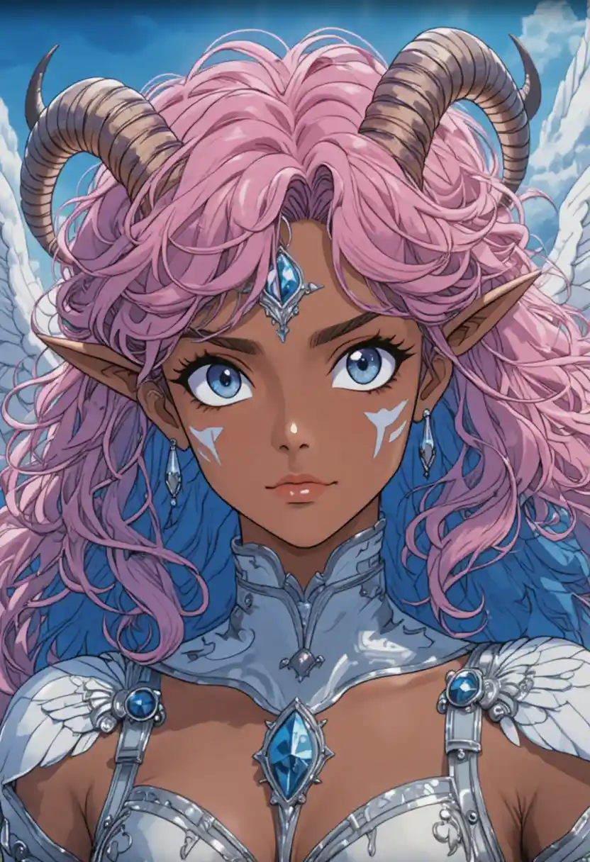 Winged horned woman with silver eyes and colorful curls