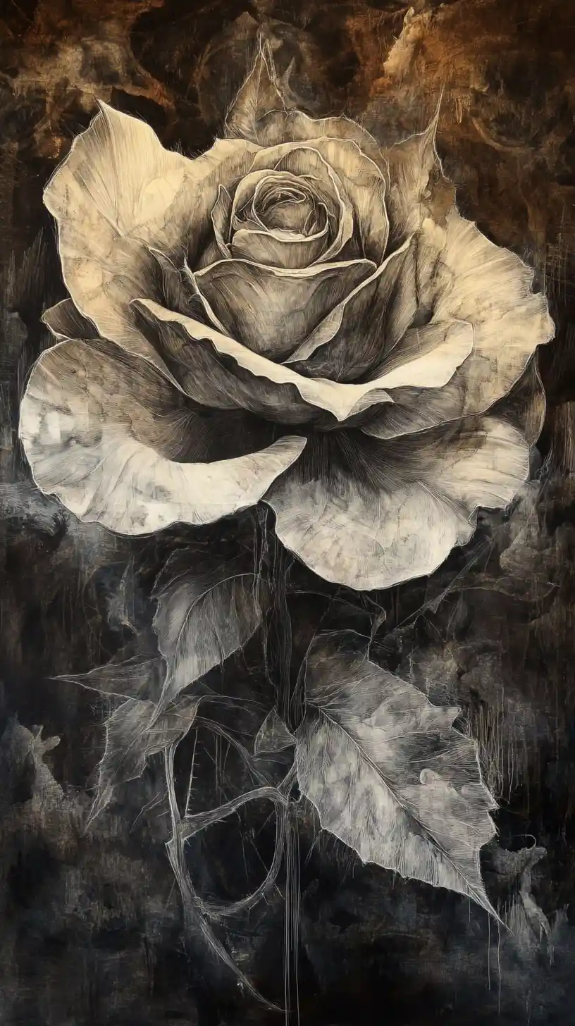 Rosa abstracta con grandes pétalos reflectantes en técnica mixta