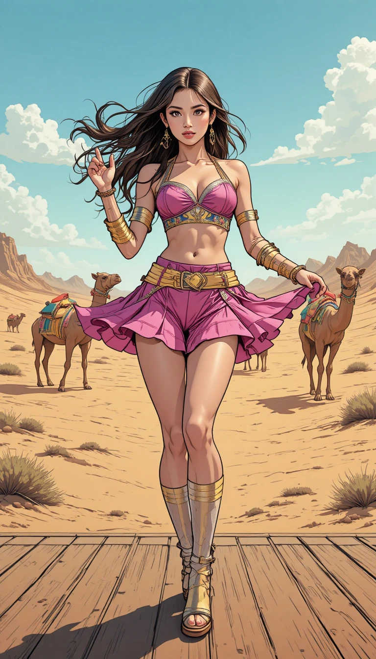 K pop girl dancing on a wooden platform in the desert