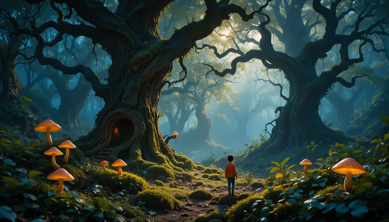 Magical children and animals in an enchanted forest scene