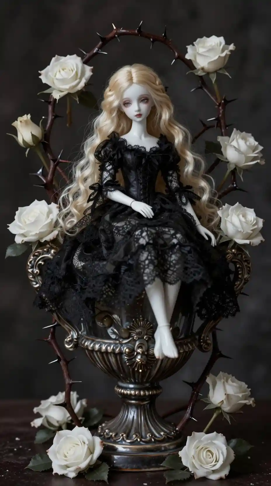 Porcelain doll on thorn wrapped Victorian urn in gothic style