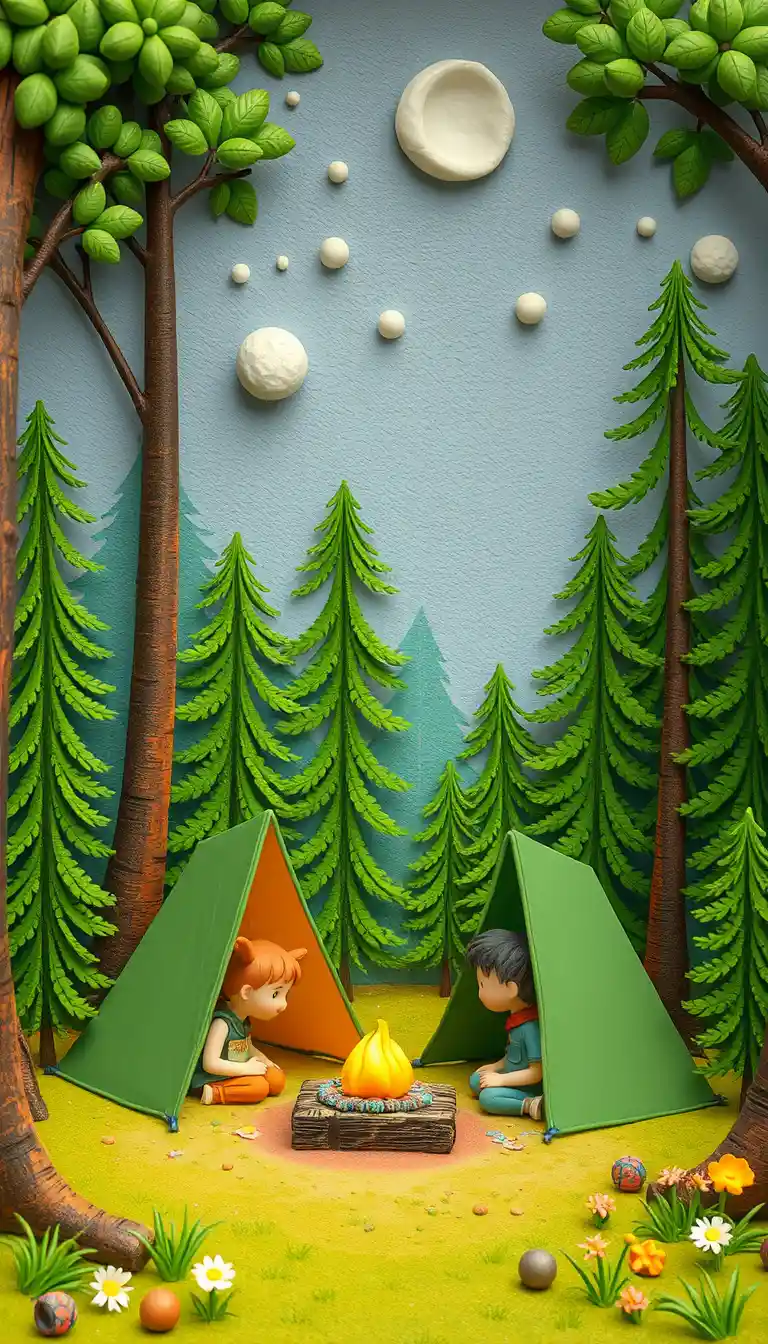 Playful clay style children camping in a flower forest