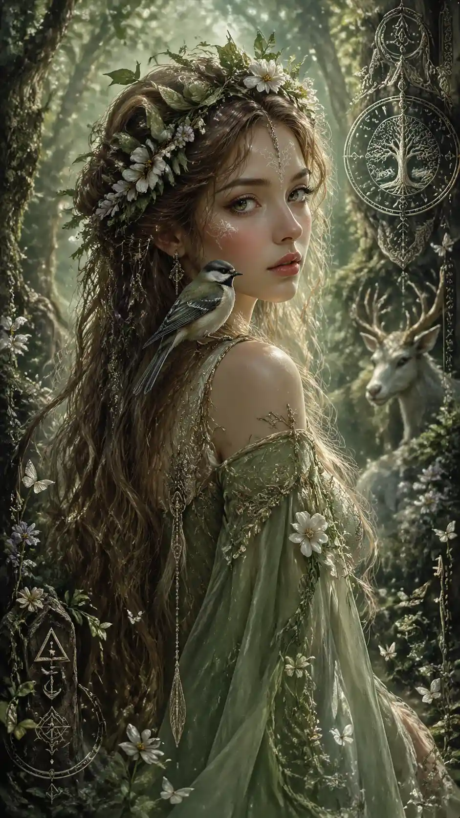Ethereal spring forest spirit with bird companion