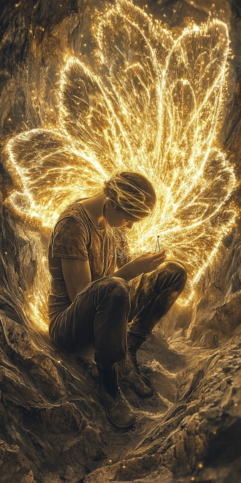 Person Sewing Golden Stitches Into Fragile Healing Wings