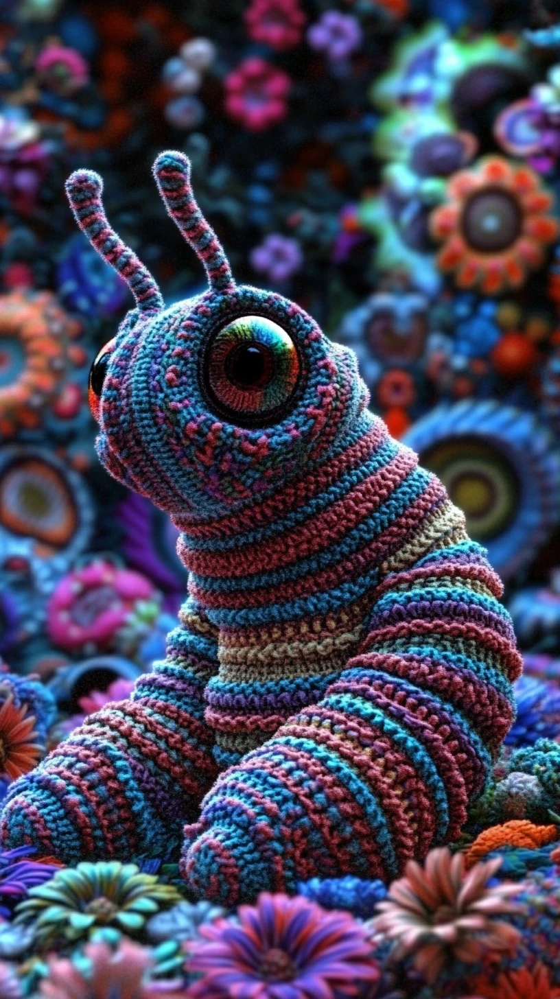 Lagarta colorida com suéter felpudo entre flores psicodélicas