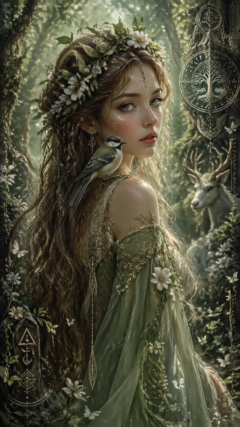 Ethereal spring forest spirit with bird companion