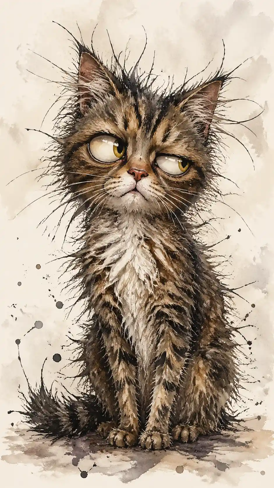 Scruffy cat portrait with oversized eyes and quirky expression
