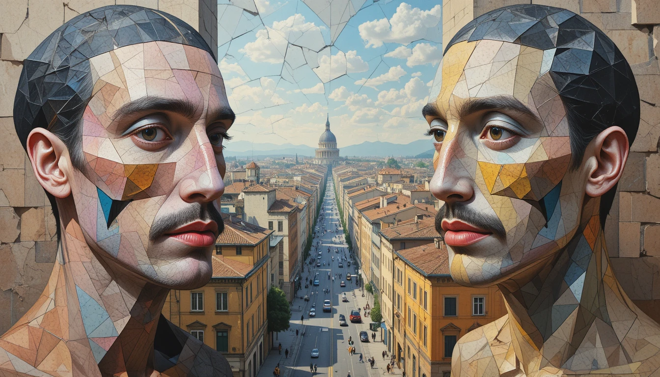 Cubist cityscape with fragmented human faces and planes