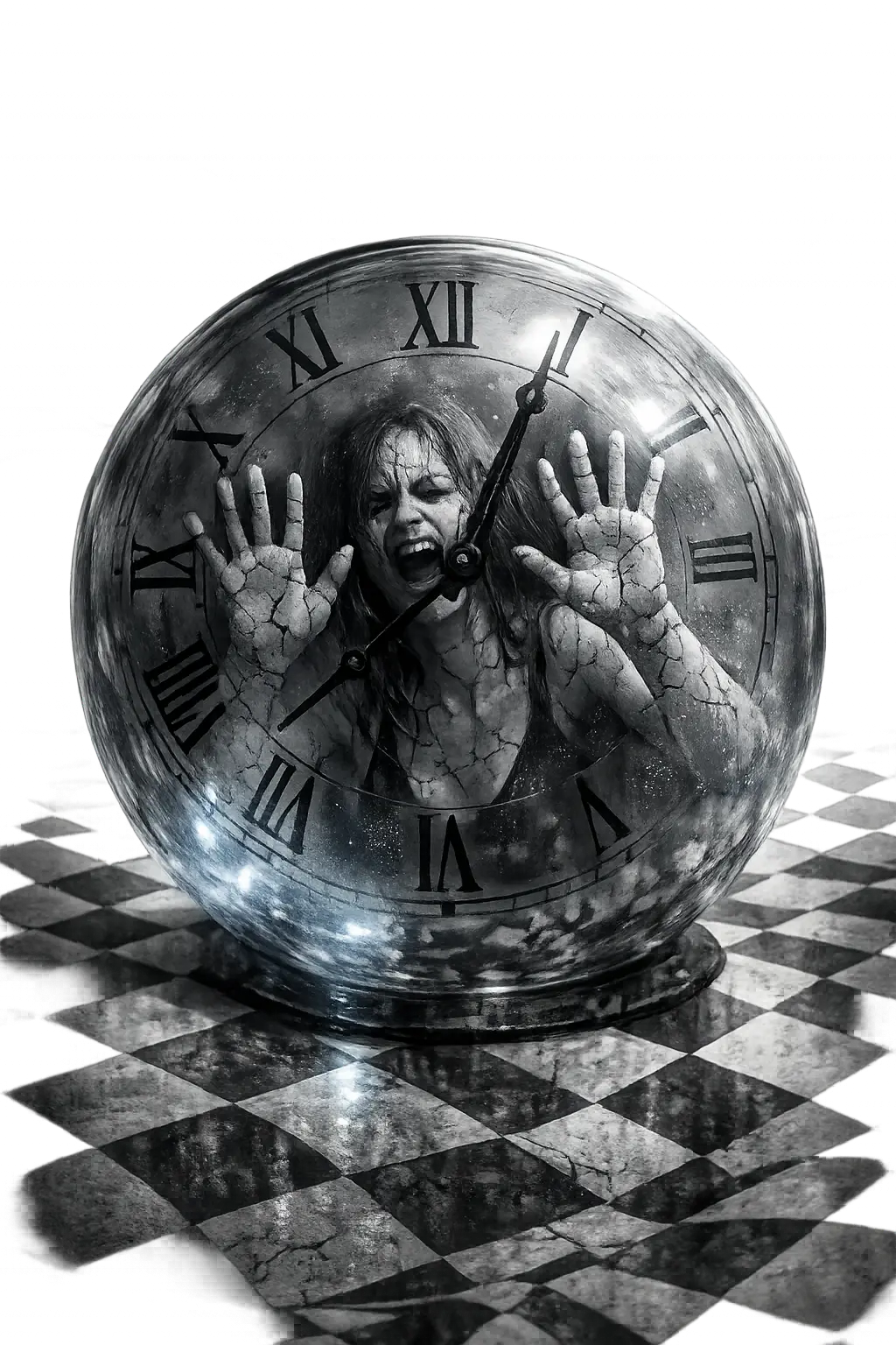 Woman enclosed in a transparent clock sphere of isolation