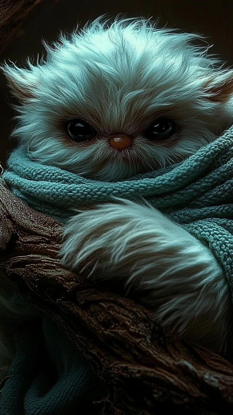 Tiny arctic creature in layered winter fabrics and soft fur