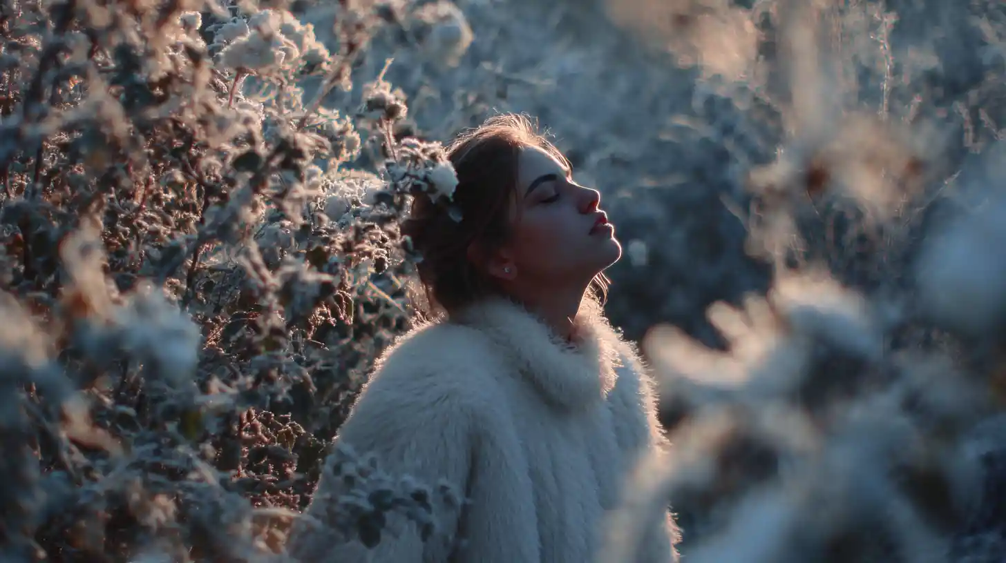 Young woman in white coat among frosted winter roses