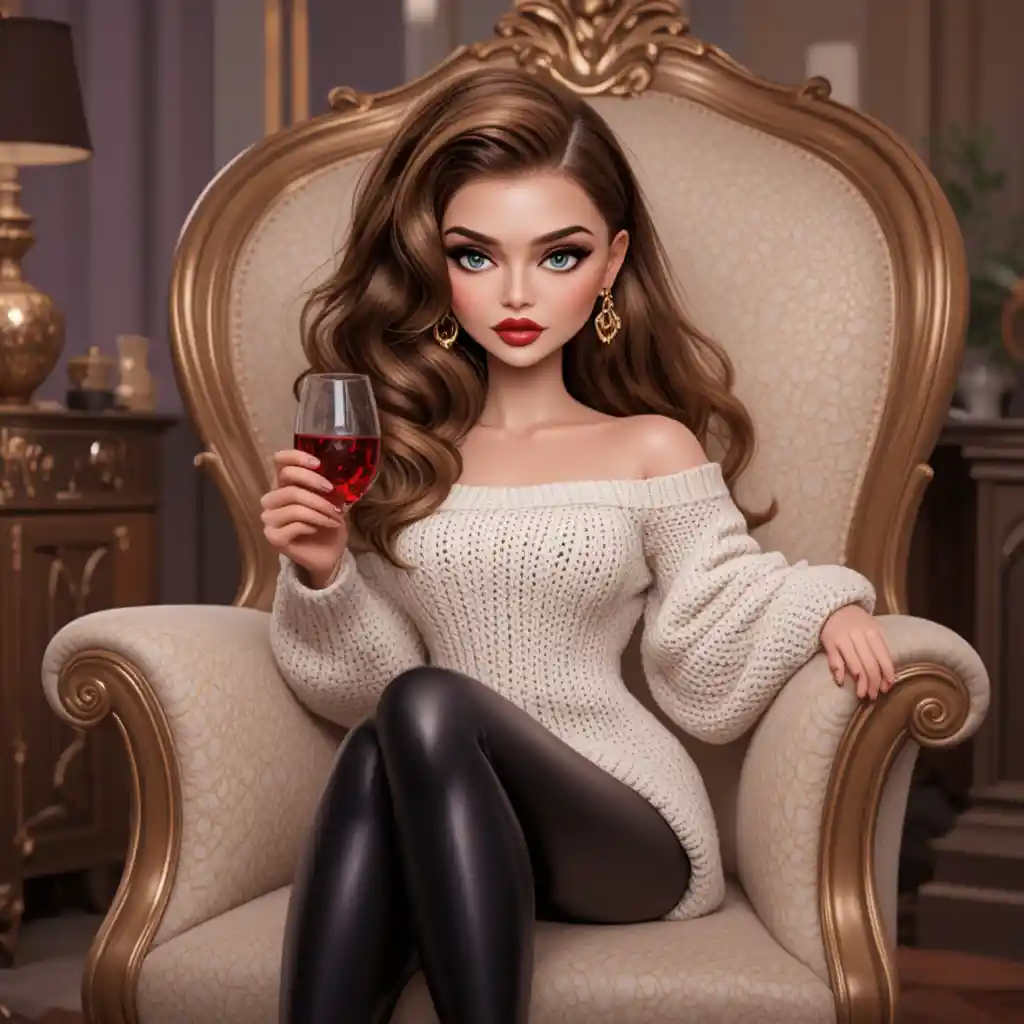Blonde woman relaxing with red wine in a cozy armchair