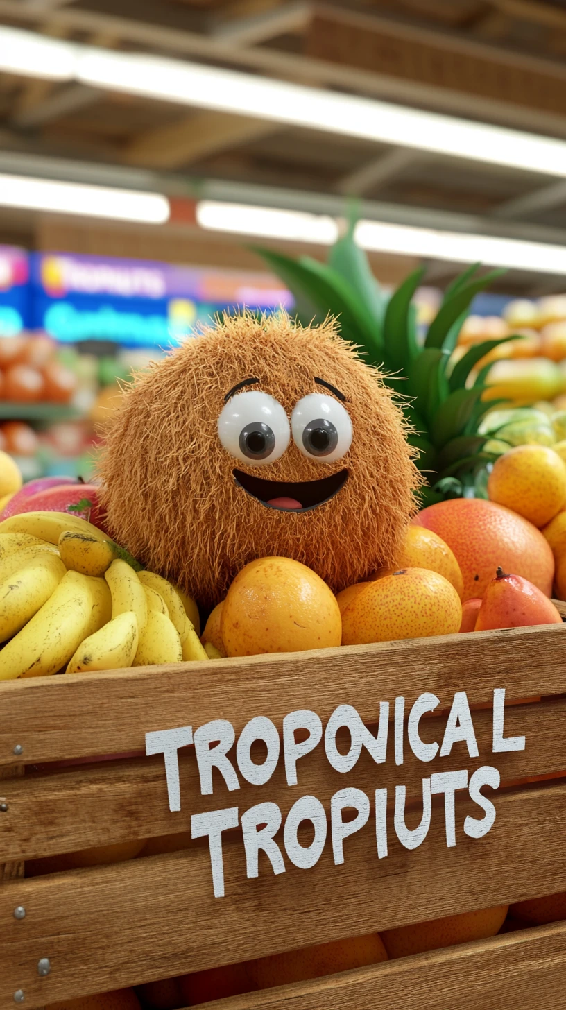 Personaggi di frutta tropicale 3D in una cassetta del supermercato
