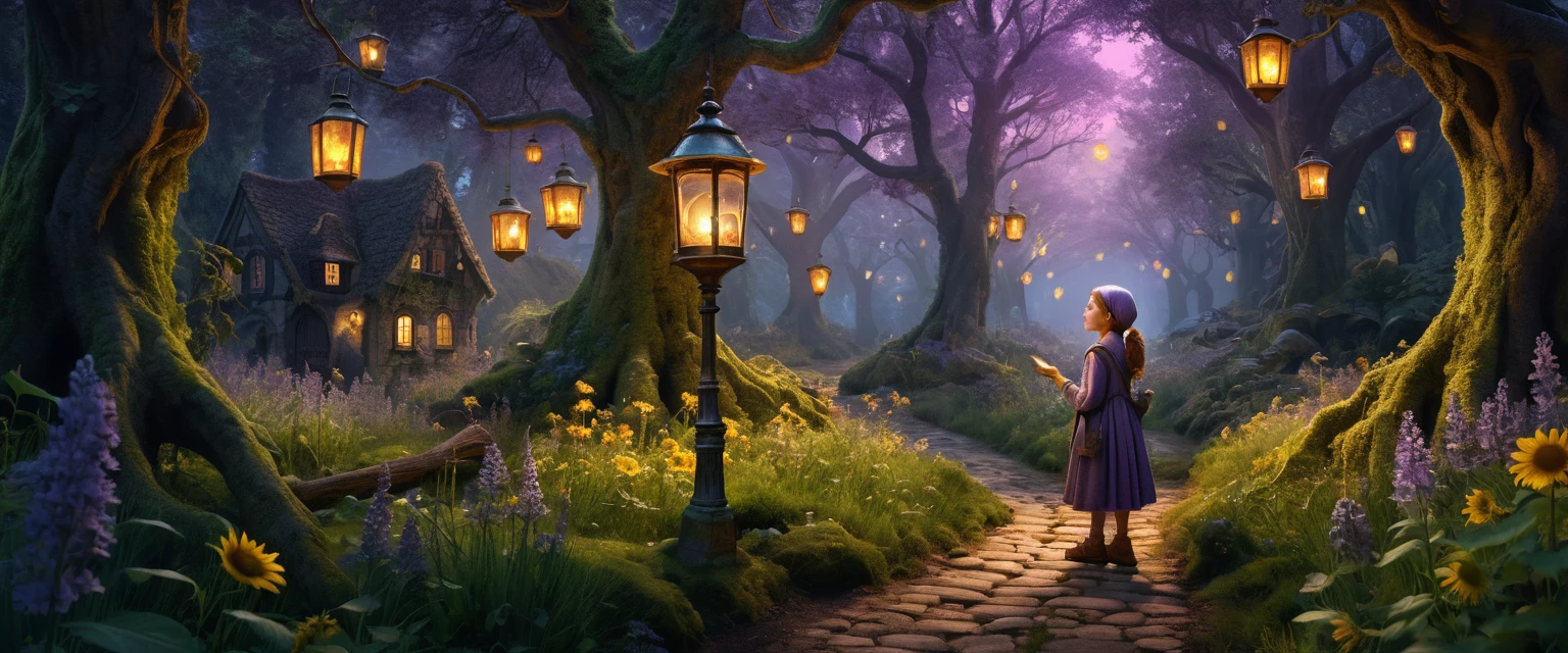 Enchanted Forest Village With Curious Girl At Golden Hour