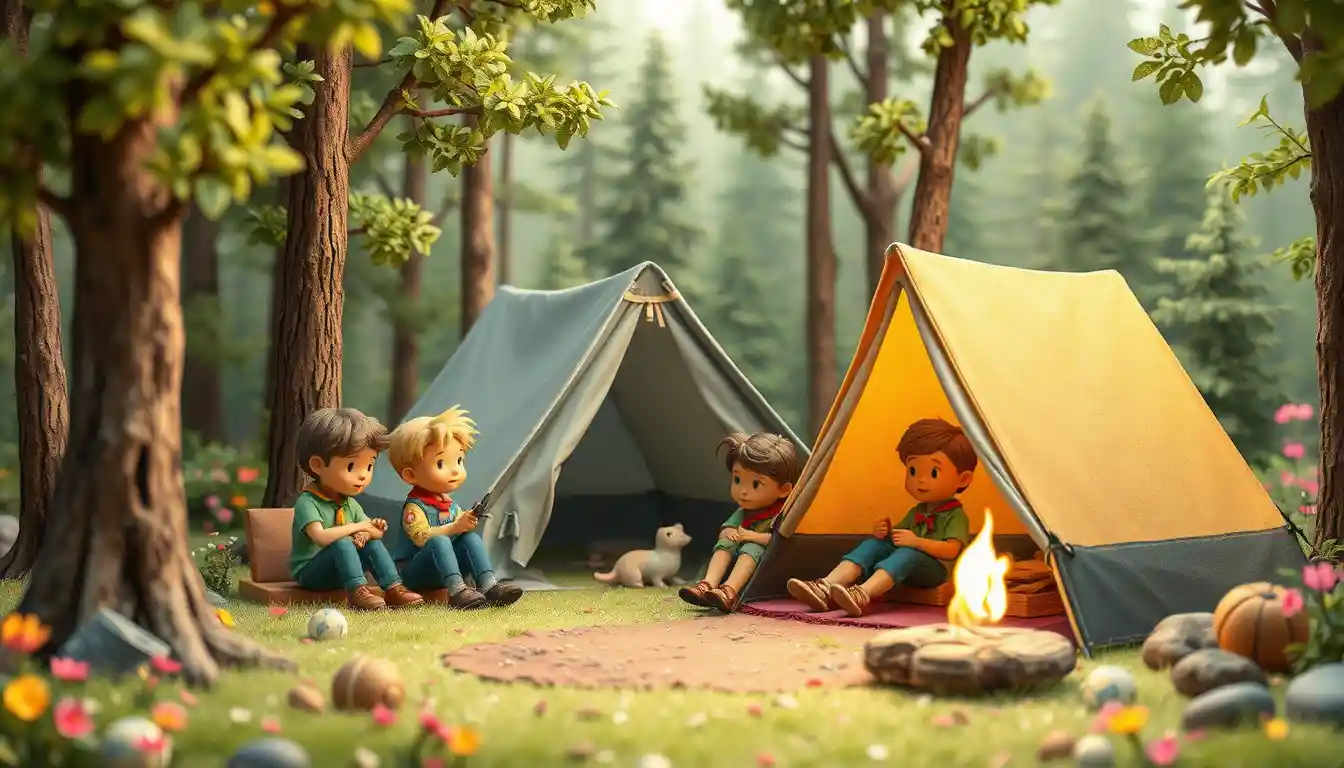 Childlike clay illustration of scouts camping in a forest