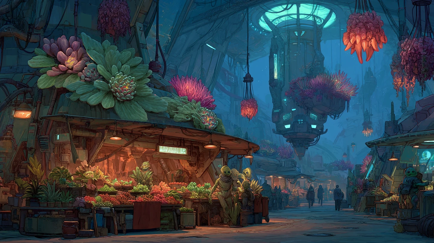 Alien bazaar inside a derelict spaceship cargo bay