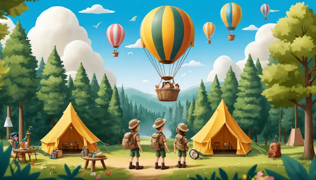 Children camping with tents in a colorful forest