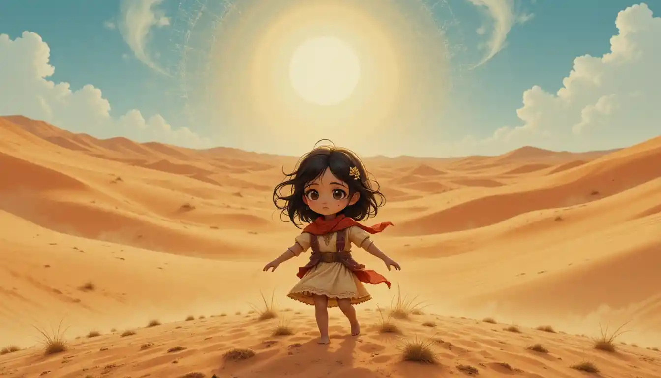 砂漠の太陽の下に立つ少女の水彩イラスト