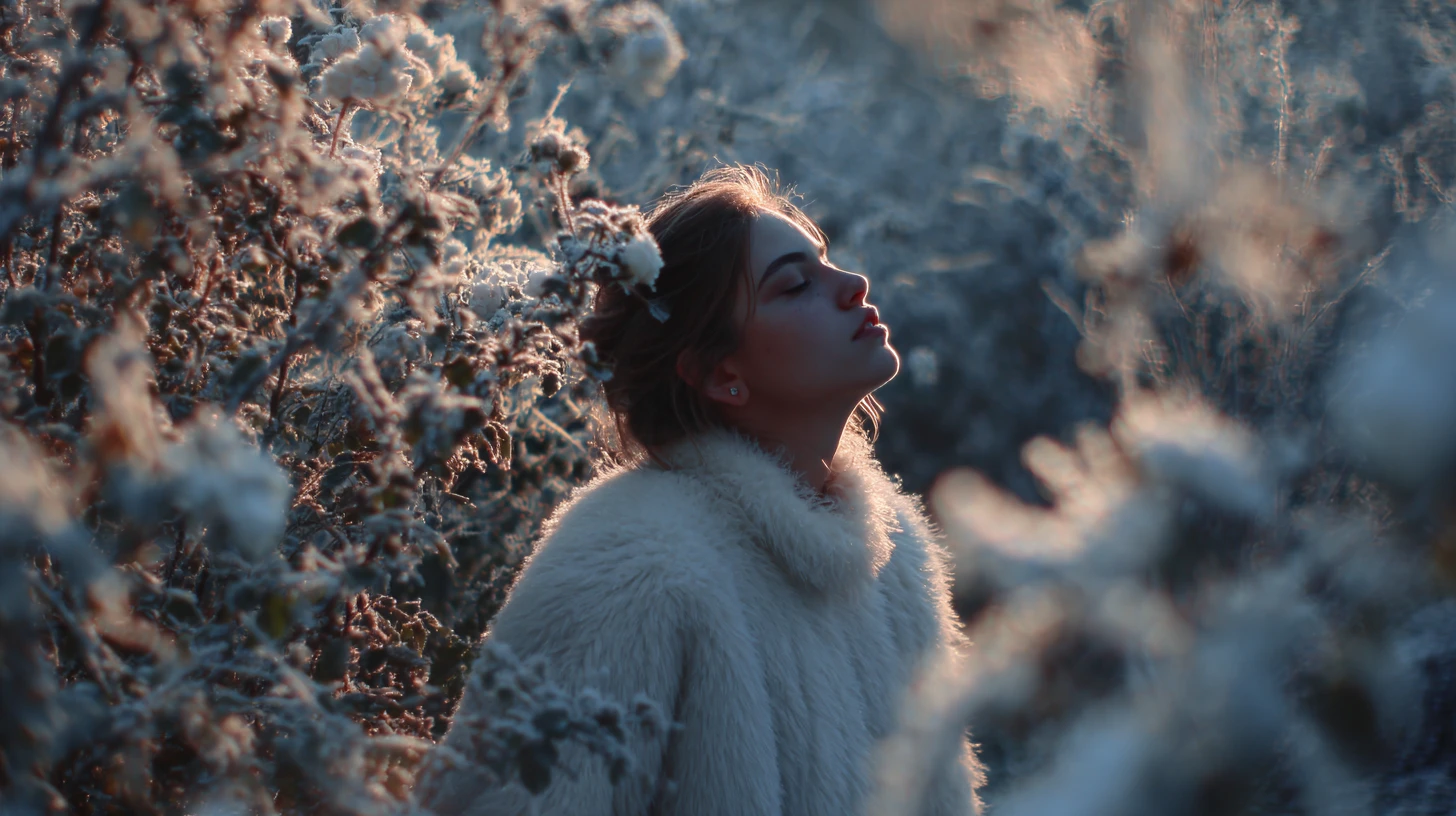 Young woman in white coat among frosted winter roses